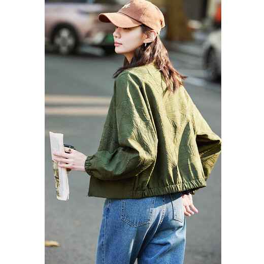 DME (dme) fashionable three-dimensional wrinkle spring workwear style stand collar rubber hem long sleeves hide flesh and easy to wear short coat for women Pink M