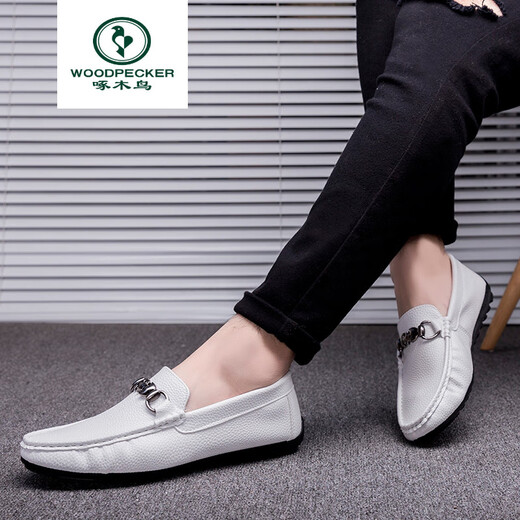 Specht Frühling und Sommer Neue Herren Beanie Schuhe Lazy Schuhe Low top treibende Lederschuhe weiche Oberfläche Weiche Sohle trendige Herren -Freizeitschuhe Weiß 9230 42