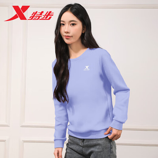 特步（XTEP）卫衣女装秋季新款纯色套头衫学生圆领长袖上衣女宽松潮流运动服女 【春秋薄款】浅紫 M 165 现货速发