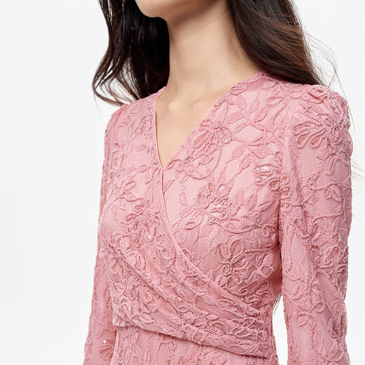 Kelaitier [multi-color style] [same style as Qiao Xin] 25-year-old French rose lace dress with temperament embroidered slim style light red XL