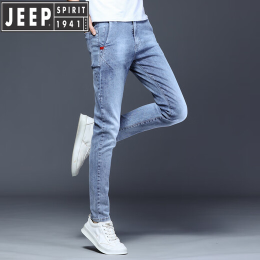 JEEP SPIRIT夏季男弹力牛仔裤夏薄款2025新款裤子男士休闲修身小脚裤浅色长裤 黑色1048款 28