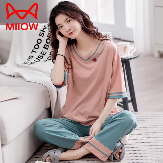 猫人（MiiOW）睡衣女款夏季2025新款纯棉薄款宽松家居服短袖长裤休闲可外穿套装 7374 M 【建议80-105斤】