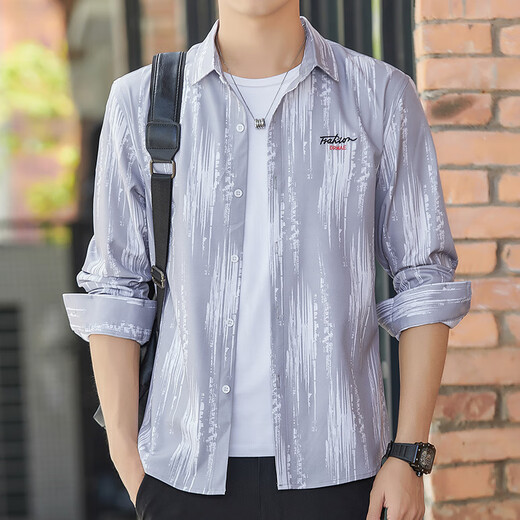 
KMKA men's long-sleeved shirt men's summer thin ice silk outfit spring and summer Hong Kong style casual versatile shirt trendy Korean version 6169 black L 110-125Jin [Jin equals 0.5 kg]
