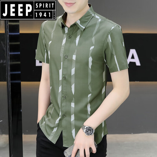 Jeep Spirit New 2025 Sommer Herren kurzärmeliges Hemd Trendy hübsches Eis Silk Zentimeter Dünnes kühles Hemd 7027 Black M 90-110Jin [Jin gleich 0,5 kg]