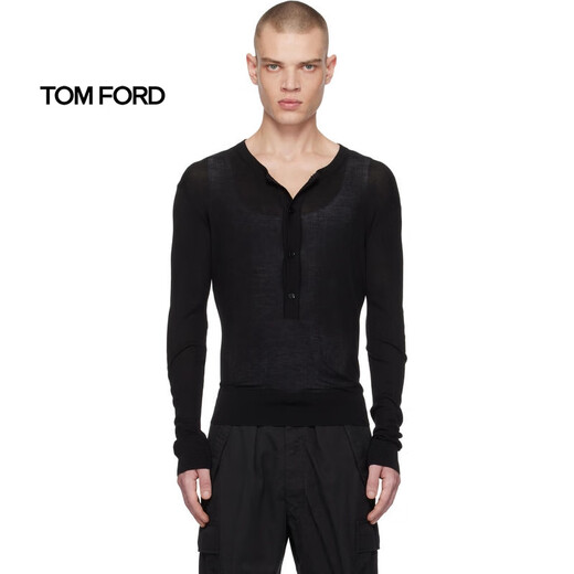 TOM FORD (TOM FORD) light luxury men's black four-button Henley shirt Black 20 | 52 IT