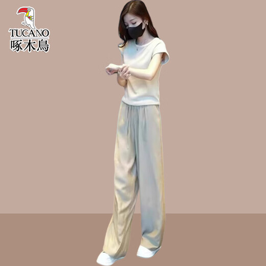 Woodpecker-Sommer-Outfit mit einem kompletten Satz modischer Internet-Celebrity Street-Modetrends in diesem Jahr, die beliebten Slim-T-Shirts dieses Jahres, zweiteilige Aprikosen-Farbhose M.