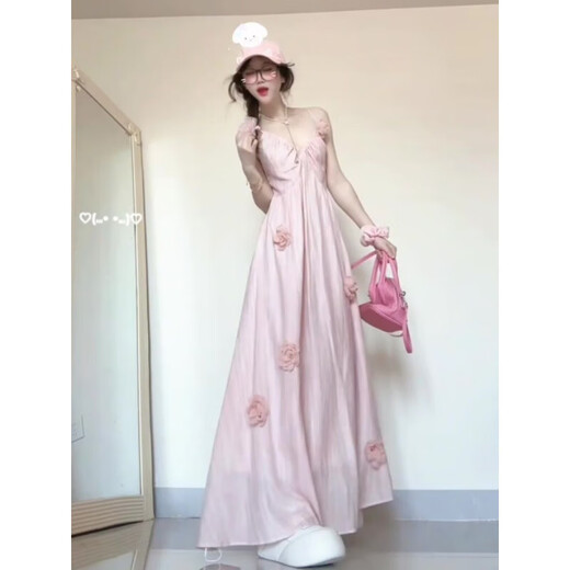 今年流行的漂亮长裙子法式独特超好看花朵吊带连衣裙2025新款夏季 粉色裙(花花别针可拆卸) S 【建议90-100斤】