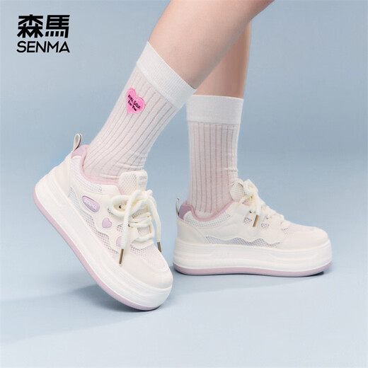 森馬小白鞋女鞋面包鞋2025新款夏季网面透气户外运动鞋增高百搭休闲鞋 米紫色 36