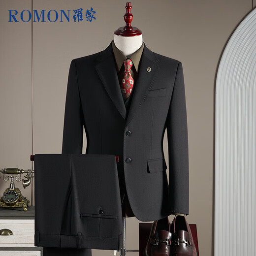 ROMON suit + vest + trousers suit men's slim professional formal dress wool jacket black 2XL