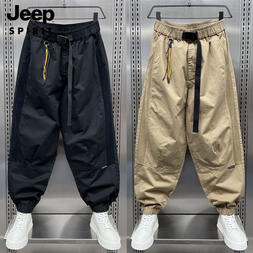 JEEP SPIRIT Japanese work pants men's summer thin loose casual pants youth American elastic waist khaki sports harem pants black XL