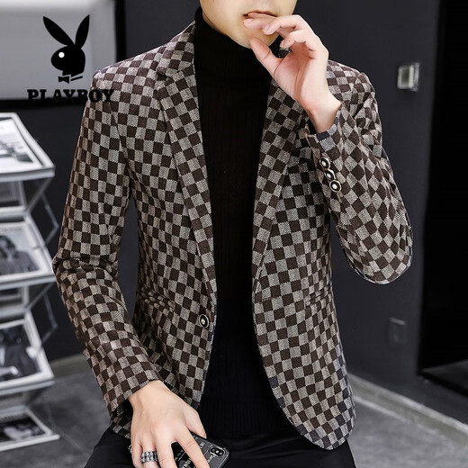 Playboy (PLAYBOY) Plaid Blazer Men's 2025 Spring and Autumn New Fashion Slim Small Suit Trendy Brand Handsome Single Jacket Black L (110-125Jin Jin equals 0.5kg)