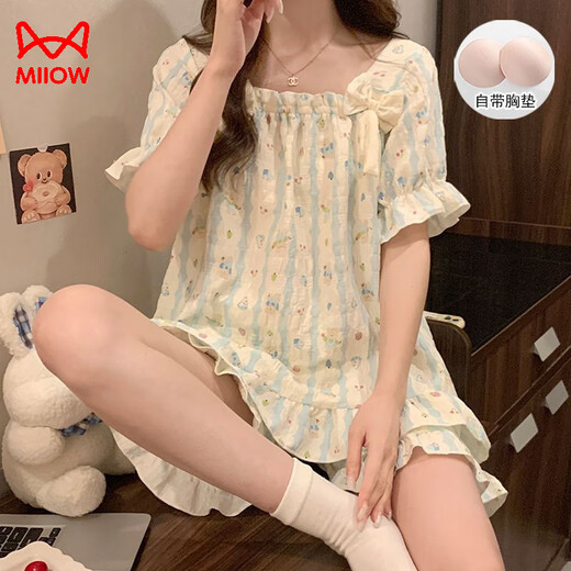 Cat men women's pajamas in summer with chest pads and shorts shorts two-piece set of sweet princess-style home clothing set for outside wear X9902-1 M