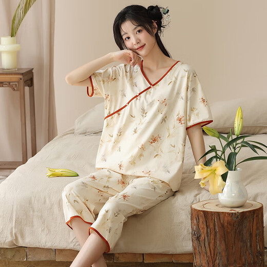 Chinese style element series round neck pullover light short-sleeved cropped pants elegant and elegant home clothes YZT-9901 women YZT-9913 women XL