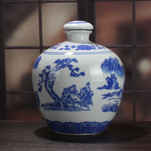 Xindeheng 5 Jin Jin is equal to 0.5 kg, blue and white porcelain, Jingdezhen ceramic wine bottles, wine jars, white wine bottles, empty bottles, wine bottles and jars, antique local pottery, 10 Jin Jin is equal to 0.5 kg, blue and white landscapes + wine cloth tassel sealing film