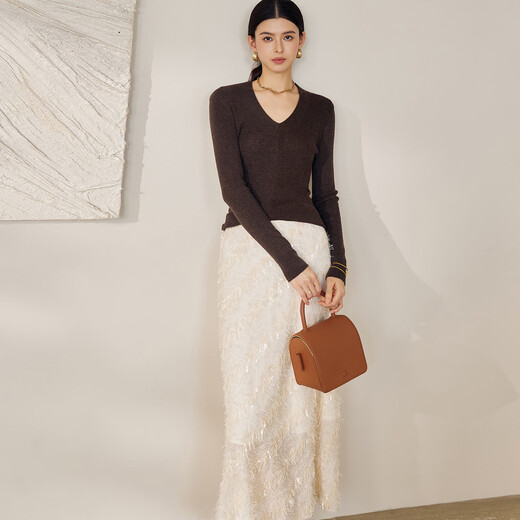 
ROEYSHOUSE high-end and beautiful tassel skirt for women in 2025 autumn new elegant high-waist A-line midi skirt 12604 beige S