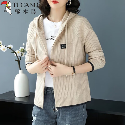 
Woodpecker's new knitted sweatshirt for women with hooded Korean style zipper sweater cardigan baseball uniform jacket hoodie women's outer wear spring and autumn navy blue XS