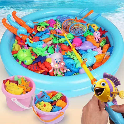 EZR fishing toy children's fishing rod with magnetic suction to catch small fish inflatable pool toy upgraded 40-piece set square pool