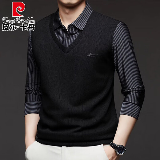 皮尔卡丹（pierre cardin）高档假两件男士长袖t恤2025年秋季新款潮流上衣商务休闲打底衫男 Z9758灰色 4XL 130【171-200】