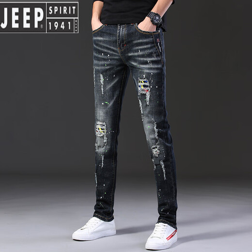 JEEP SPIRIT夏季薄款破洞牛仔裤男士痞帅潮牌弹力2025新款修身小脚潮流长裤男 687黑色 32