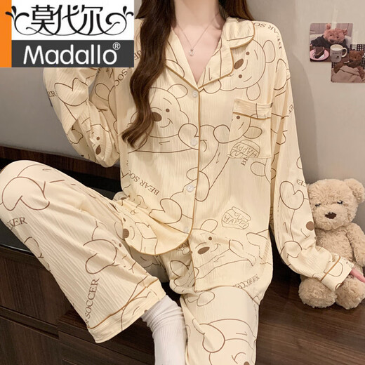 莫代尔甜美条纹ins韩系蝴蝶结印花夏季新款皱布睡衣女家居服短袖三件套 套KK3523# M 【建议80-100斤】