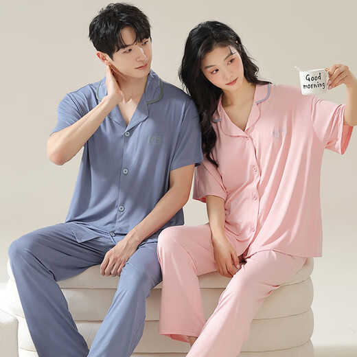 维秘艾米丽莎莫代尔情侣睡衣女春夏季款短袖长裤薄款家居服男女士开衫大码套装 N12108女N12308男 M 女
