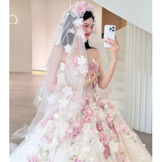 Tubeless main wedding dress bride 2025 new style petite fugitive princess wedding veil light pink flower dress three-dimensional flower floor-length style (comes with veil skirt support S