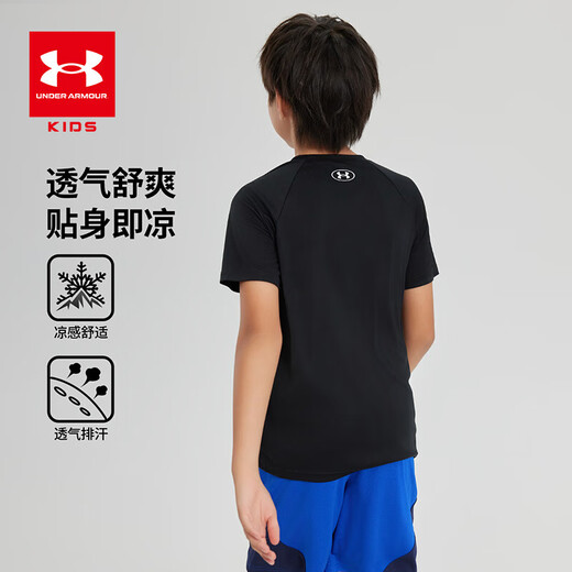 Under Armor children's clothing, children's short-sleeved round neck top, summer style for boys and girls, knitted moisture-absorbent outdoor sports quick-drying T-shirt, black 140, the size is small, please take one size larger as normal