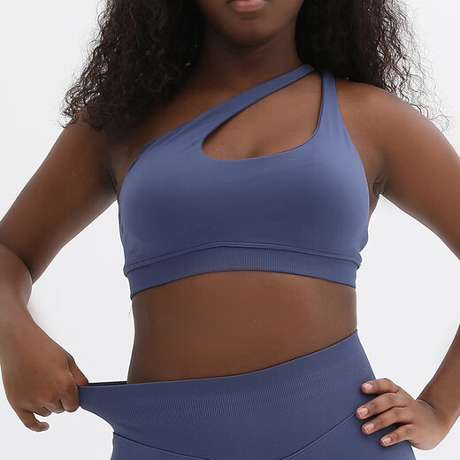 Slanted shoulder bra, unlabeled sports seamless yoga bra, Pilates, chest-revealing, hollow back, yoga slanted shoulder bra, light blue S