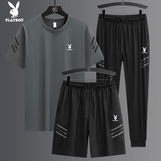 Playboy (PLAYBOY) high-end casual sports suit men's summer ice silk thin loose fast drying breathable short sleeve two-three pieces set GF1389 white shorts two-piece set 5XL (suitable for 185-200 Jin [Jin equals 0.5 kg])