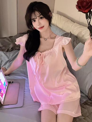Modal ice silk pajamas for women in summer 2025 new Xiaofei cuffs chest pad high-end women's large-size short-sleeved home clothing JDX_9227# vest cover pink (with fixed chest 1 M