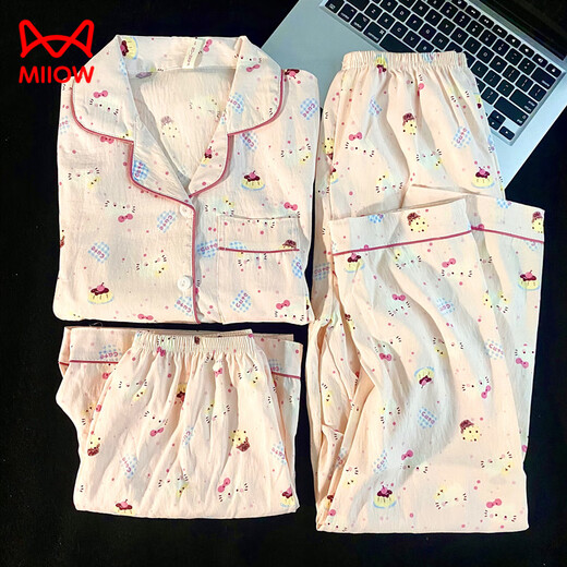 Catman (MiiOW) summer fresh cloud pure cotton yarn pajamas for women in summer short-sleeved student cute cardigan three-piece set home clothes Yunduo Cotton-9905# black love three-piece set M [Suggestion 75-100Jin [Jin equals 0.5 kg]]