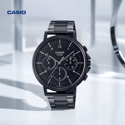Casio (CASIO) watch business Black Warrior three-eye six-pin steel band fashion waterproof examination watch men's watch gift for boyfriend MTP-E321B-1AVDF