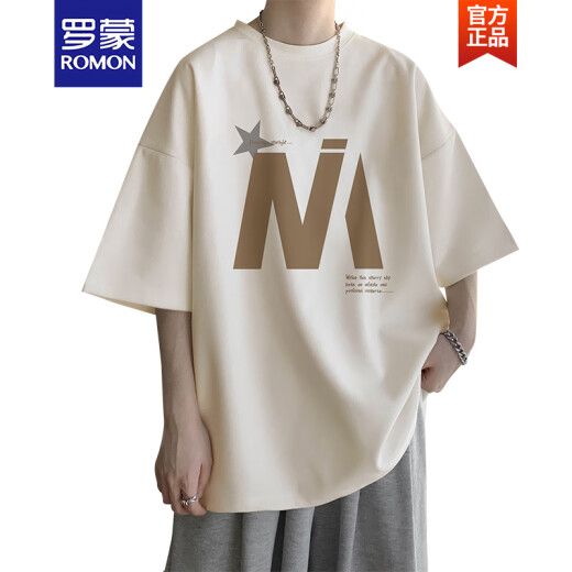 罗蒙（ROMON）杏色短袖t恤男士夏季薄款宽松休闲半袖男生圆领五分体恤衣服 5012杏色 M 90-110斤可穿