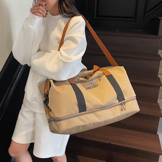 Xin Fangshuai large-capacity short-distance travel bag luggage bag portable sports fitness bag clothing storage bag can be worn cross-body trolley case khaki fitness travel bag