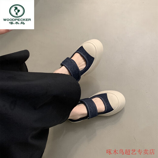 啄木鸟同款帆布鞋玛丽珍鞋女2025夏季新款女鞋春秋单鞋丑萌厚底小白鞋 黑色【专柜版】 35