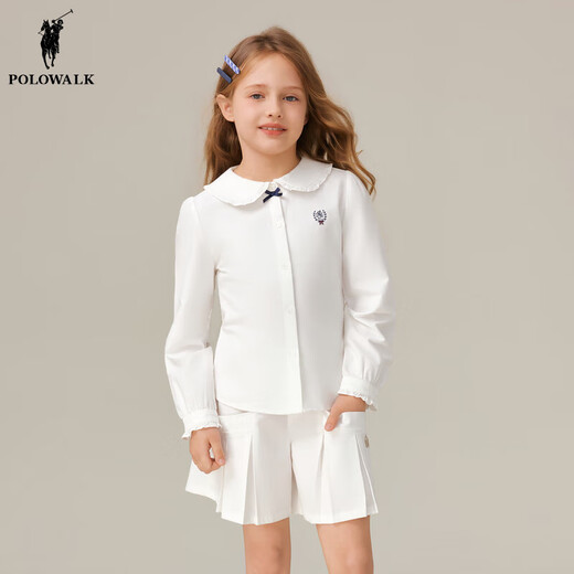POLOWALK children's clothing girls' long-sleeved shirt 2025 autumn new college style embroidered top medium and large children's jacket white 120 120cm