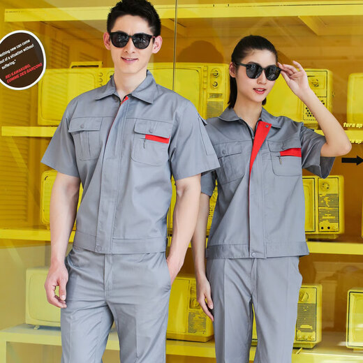艾格辰4s车间汽修短袖工作服短袖工作服套装男薄款耐磨汽修厂服上衣车间 藏蓝色套装 均码 160S码