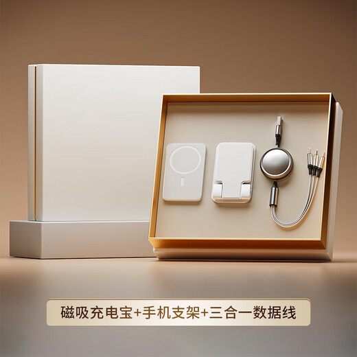Dwarf Kingdom Business Gift Customized Logo Company Annual Meeting Event Gift Customized Pattern Thermos Cup Gift Box Power Bank + Mobile Phone Holder + Data Cable - White Box