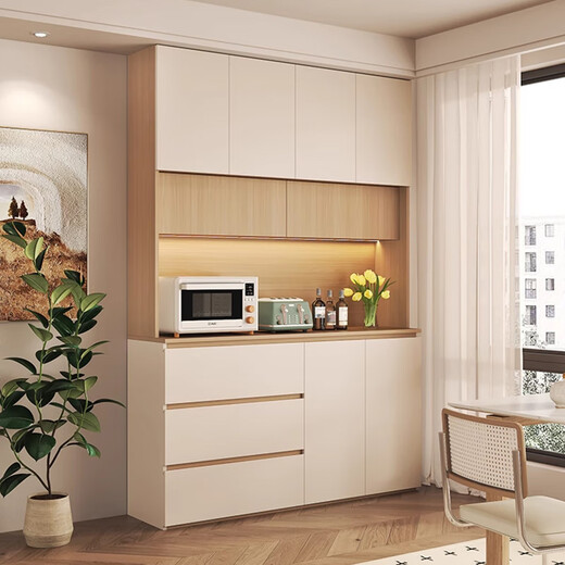 Mi Xin Pet Home Antique Solid Wood Sideboard Against the Wall Integrated Multi-Function Storage Cabinet Wine Cabinet Guest Restaurant Chinese Tea High Cabinet E Model Length 160cm Cream White + Oak Double Door