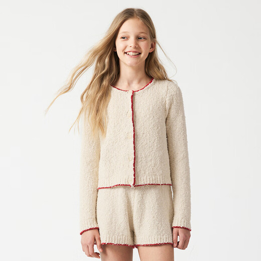 ELLE ACTIVEELLEkids children's clothing French contrasting color knitted suit girls spring new casual loose cardigan + shorts off-white cardigan_Ready stock 110_120cm
