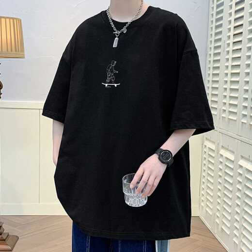 叮噜鱼宽松男士短袖重磅T恤男夏季港风上衣服凉感透气青少年五分半袖男t 3899粉红 M (约120-140斤可穿)