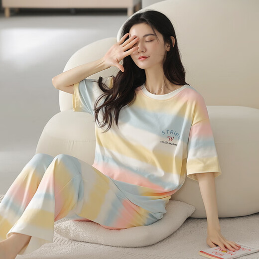 雅鹿睡衣女款夏季棉短袖长裤夏天甜美薄款女士棉家居服 YZT9712 L 【建议100-120斤穿】