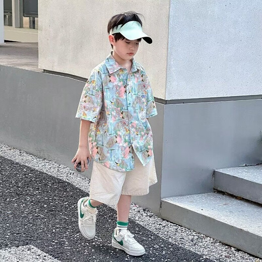 TTPMER男童夏季短袖衬衫薄款花衬衣休闲男孩夏装上衣 6626图片色衬衫【上衣】 120