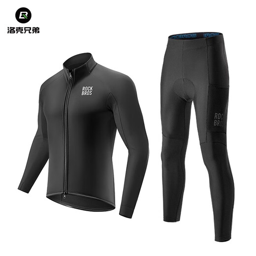 Rock Brothers Windproof Cycling Suit Long Sleeve Top Men's and Women's Warm Fleece Road Mountain Bike Sportswear Winter Black Warm Suit (with Pant Pads) Fast Shipping S