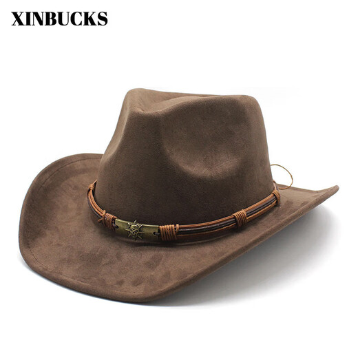 XINBUCKS Western Cowboy Hat Ethnic Style Top Hat Casual Jazz Hat Outdoor Travel Stage Props Felt Hat Brown Suitable for 55-58cm