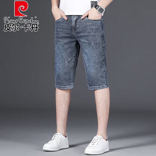 Pierre cardin denim shorts men's summer thin slim straight stretch five-point mid-trouser 2025 new summer casual cropped pants 679 blue 28