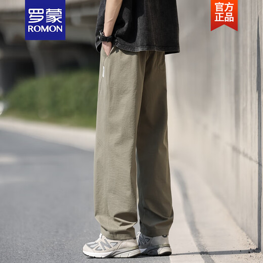 罗蒙（ROMON）男士裤子夏季薄款美式直筒冰丝裤男生军绿色凉感透气休闲长裤 军绿色6636 XL