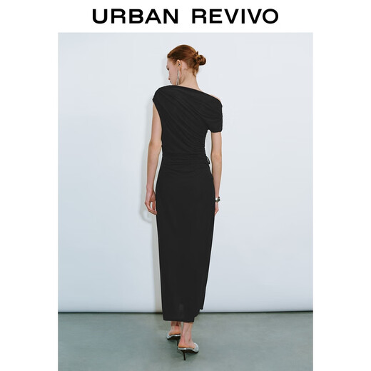 UR[HOT]2025 autumn new women's clothing style thin belt off-shoulder collar dress UWG750210 black M