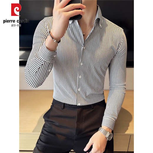 Pier Cardan-Sexy Striped Shirt's Men's Trendy Brand Handsome Design Niche Big-Neck Leck Long à manches de chemise sans fer bleu A213-C6627 M RECOMMANDÉ 100-115JIN [Jin est égal à 0,5 kg]