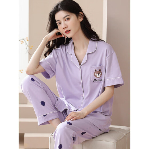 Langsha 2025 new pajamas for women in summer pure cotton short-sleeved trousers thin cardigan full-cotton home clothing set can be worn outside Y7114 M [recommended to wear 80-100Jin [Jin equals 0.5 kg]]
